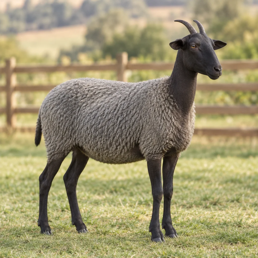 Illustration d’un mouton Massese à la toison grise, à la tête et aux pattes foncées, portant deux cornes dans un pâturage clôturé.