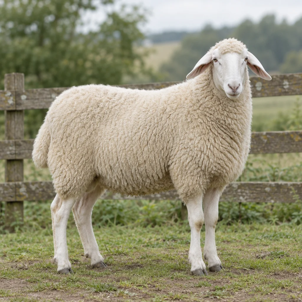 Mouton blanc à la toison fournie, avec une légère touffe de laine sur le front et de larges oreilles légèrement tombantes, debout devant une clôture en bois, ses quatre pattes visibles.