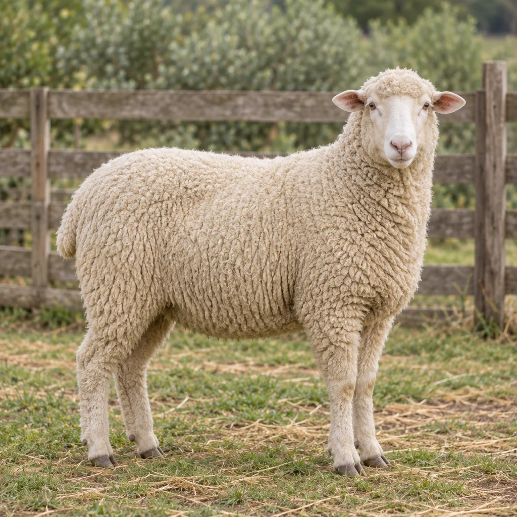 Illustration d’un mouton blanc à la toison dense et bouclée dans une pâture clôturée.