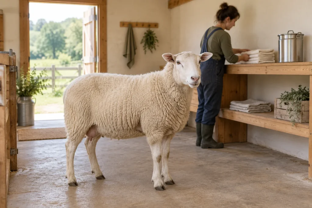 Un mouton blanc se tient dans un espace de travail lumineux tandis qu’une personne pose des linges sur une étagère à côté d’un bidon à lait métallique fermé.