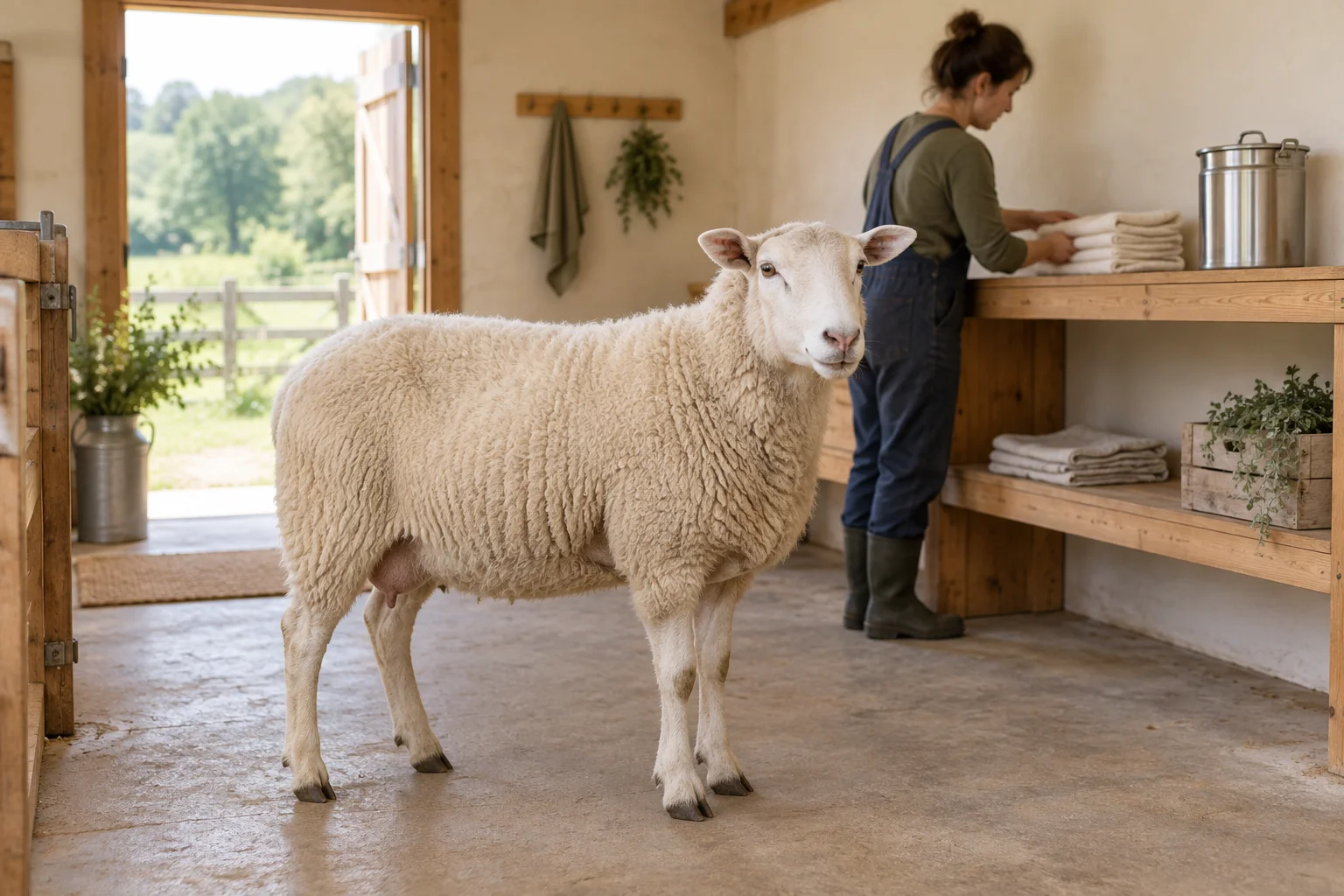 Un mouton blanc se tient dans un espace de travail lumineux tandis qu’une personne pose des linges sur une étagère à côté d’un bidon à lait métallique fermé.