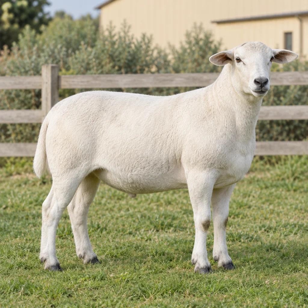 Un mouton blanc au pelage court, au nez et aux sabots foncés, se tient sur l’herbe devant une clôture en bois.