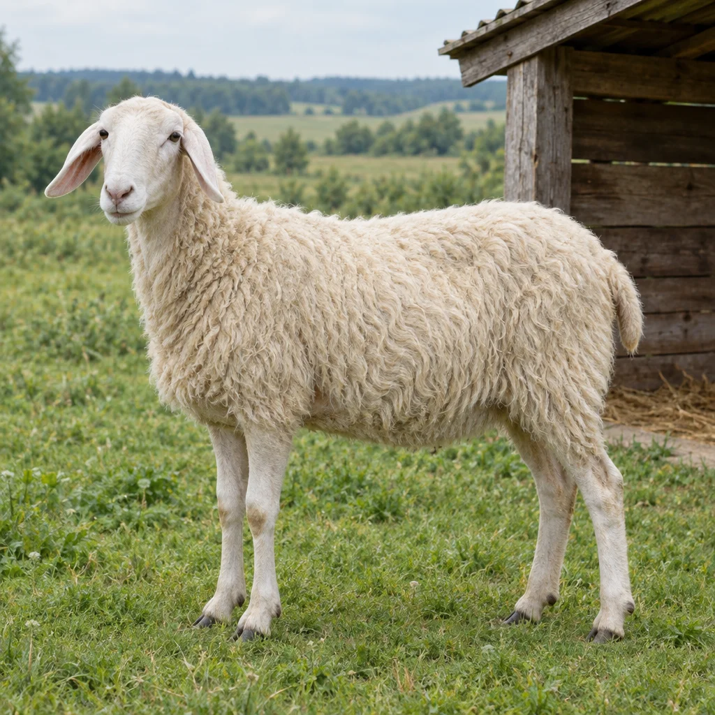 Illustration d’un mouton blanc sans cornes près d’un abri en bois.
