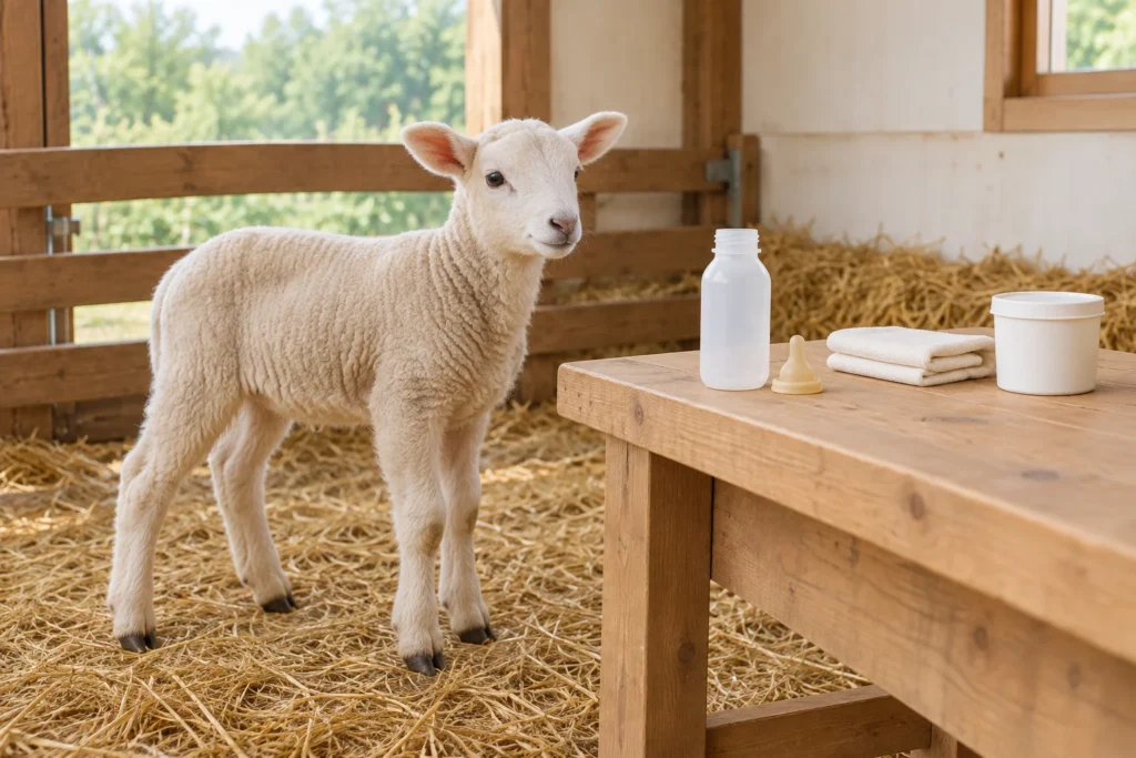 Un agneau se tient sur de la paille près d’une table en bois sur laquelle se trouvent un biberon vide, une tétine séparée, un tissu plié et un pot blanc.