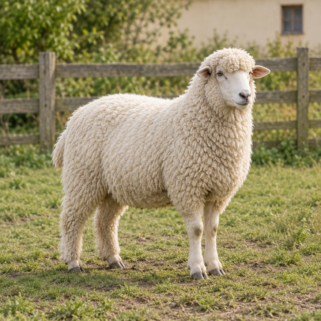 Illustration d’un mouton blanc à la toison dense et bouclée dans une pâture clôturée.