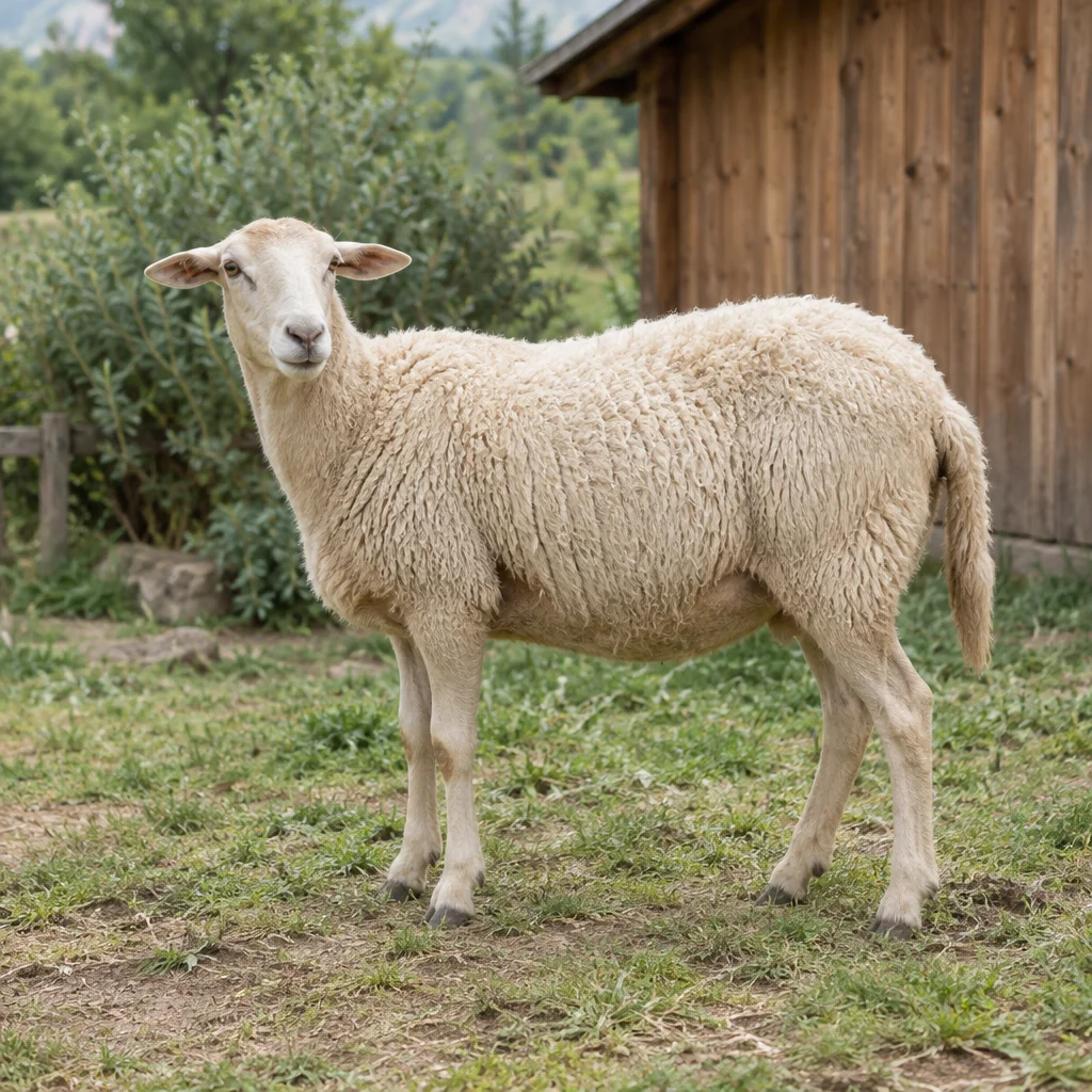 Illustration d’un mouton de couleur claire, à la tête dépourvue de laine et aux oreilles orientées sur les côtés, debout dans l’herbe près d’une grange en bois.