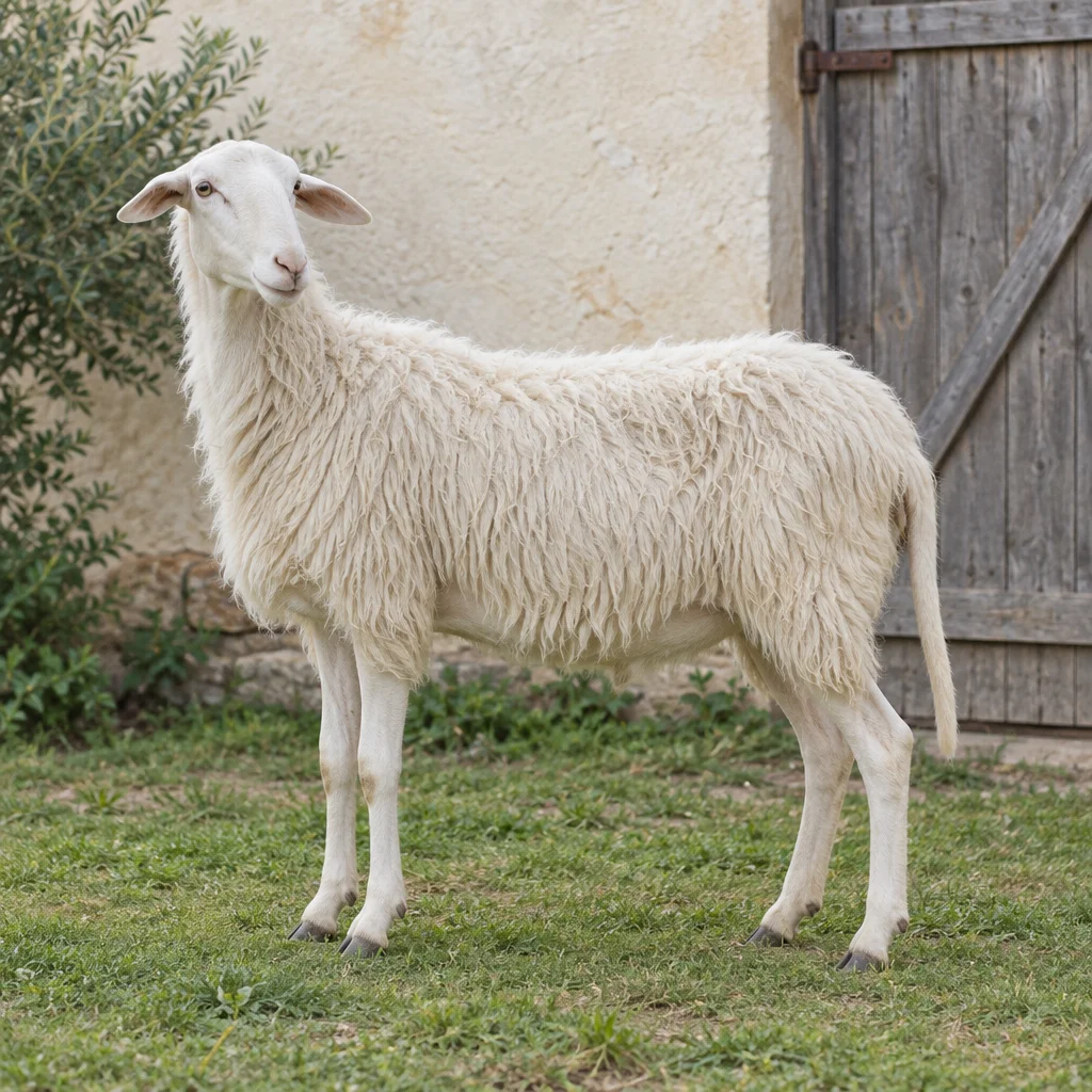 Illustration d'un mouton blanc à la toison ouverte, aux oreilles orientées sur les côtés et à la longue queue, debout sur l'herbe près de la porte en bois d'une bergerie.