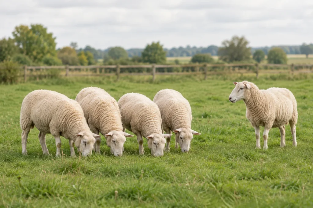 Quatre moutons broutent dans une prairie verdoyante, tandis qu’un cinquième se tient un peu plus loin.