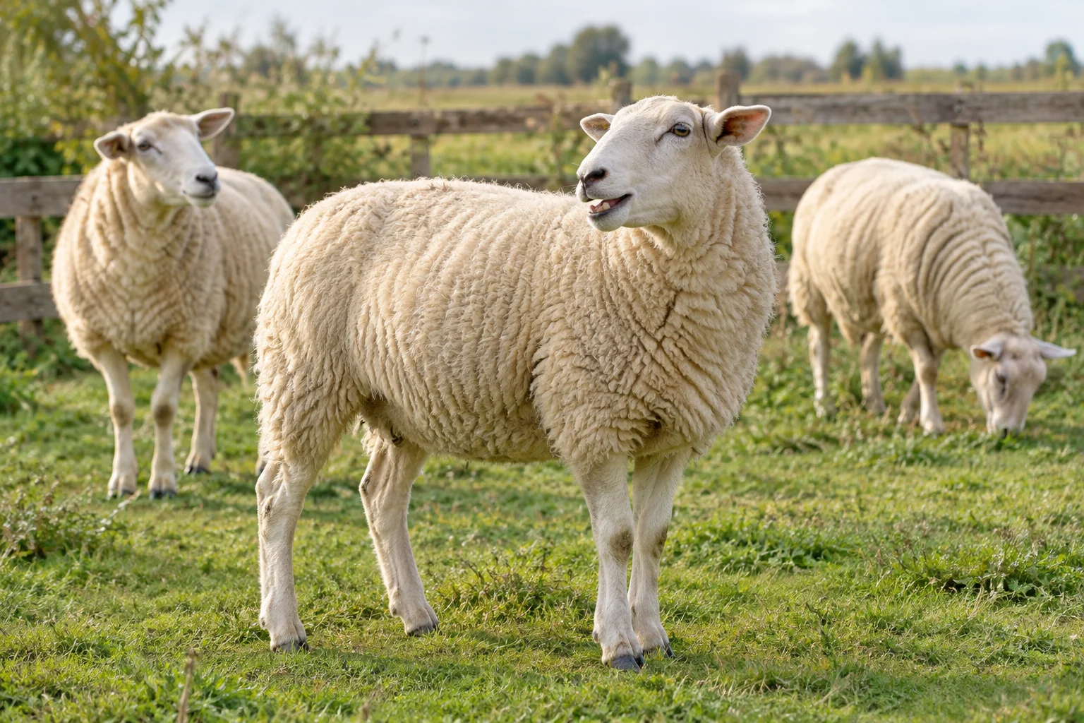 Un mouton blanc, la bouche ouverte, se tient dans un pré avec deux autres moutons près d’une clôture en bois.