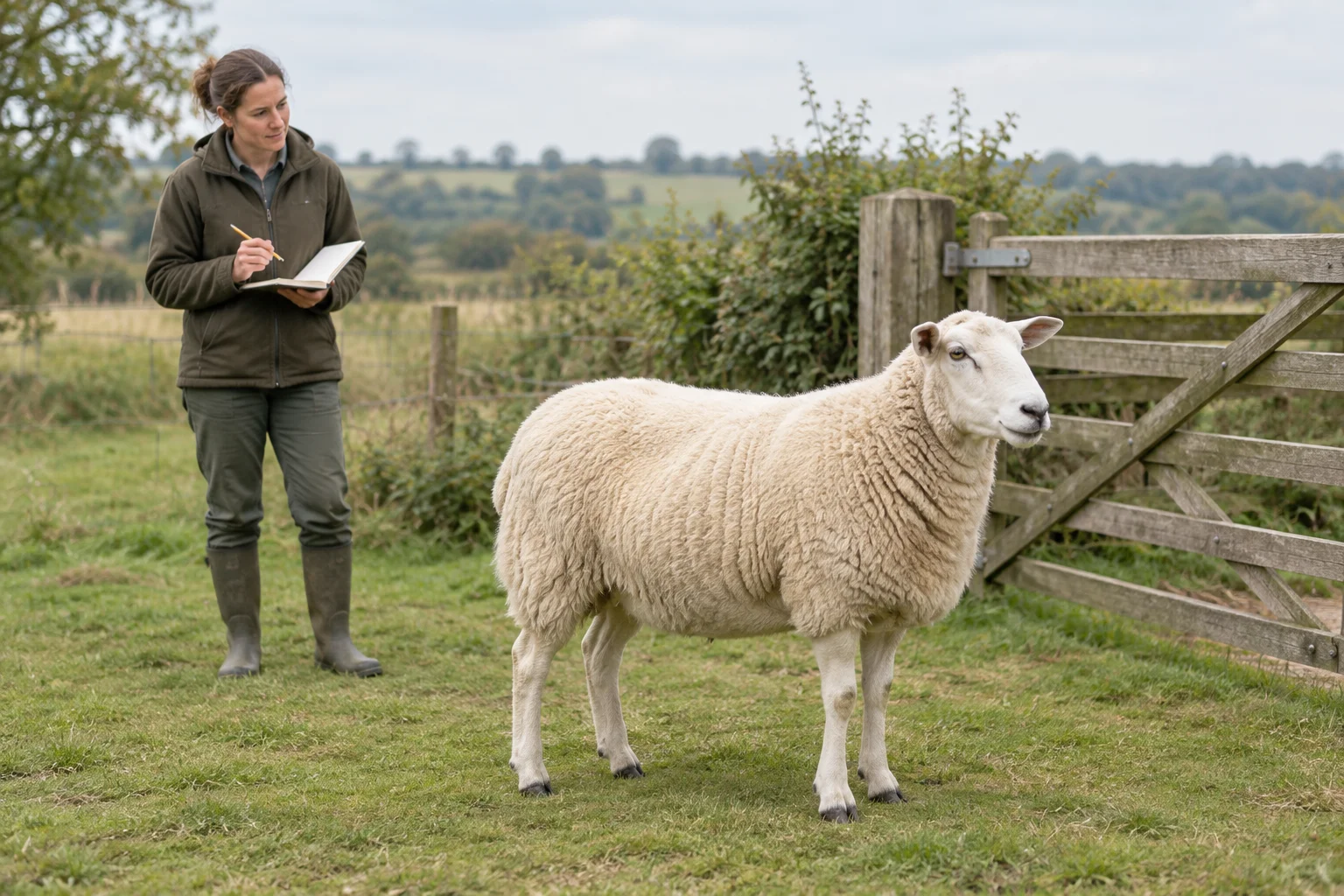 Un mouton blanc se tient près d’une clôture en bois, tandis qu’un éleveur à côté tient un carnet vierge et un crayon.