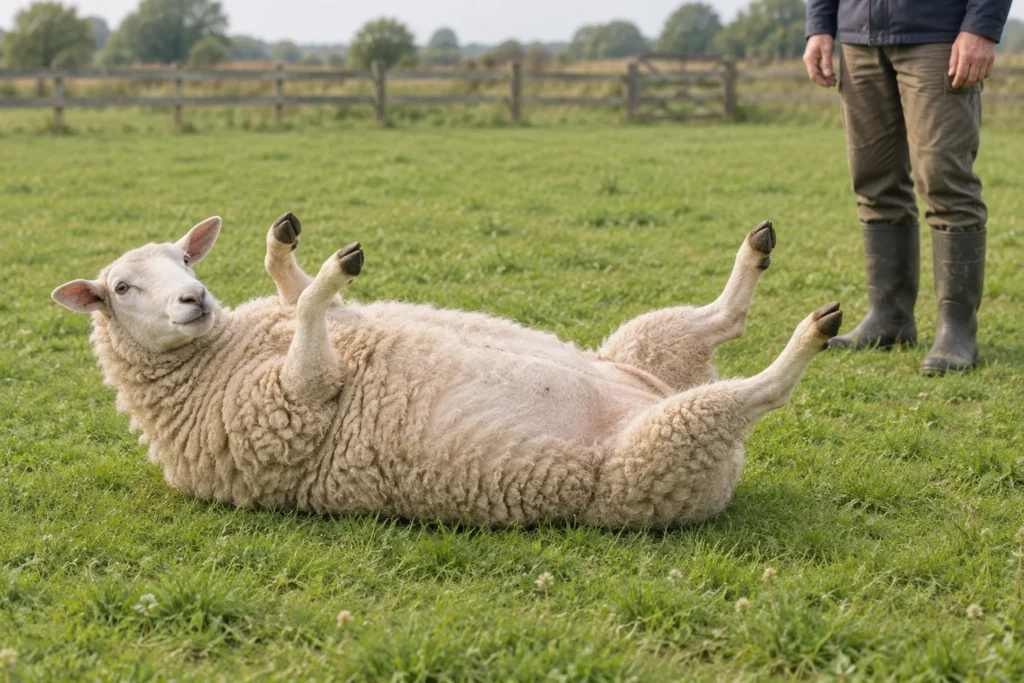 Un mouton est couché sur le dos dans un pré herbeux, avec une personne à côté de lui.