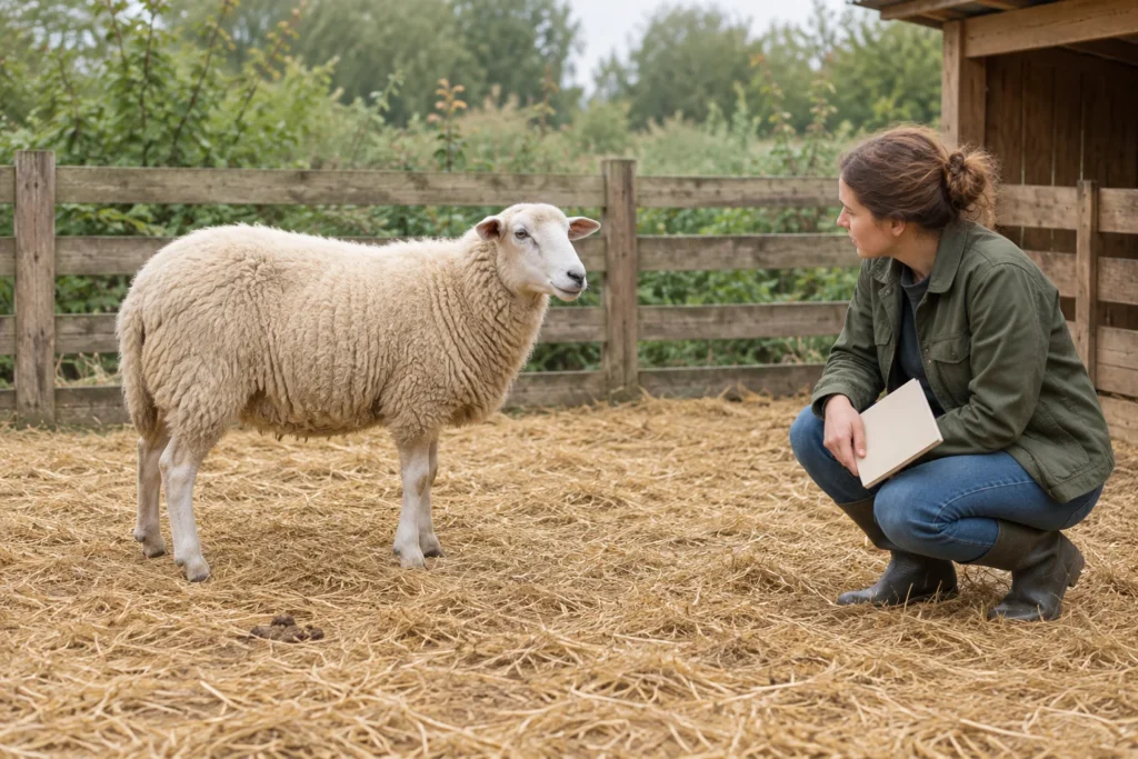 Un mouton se tient sur de la paille dans un enclos en bois. Une femme accroupie regarde l’animal et tient un carnet fermé. Quelques crottes se trouvent au premier plan.