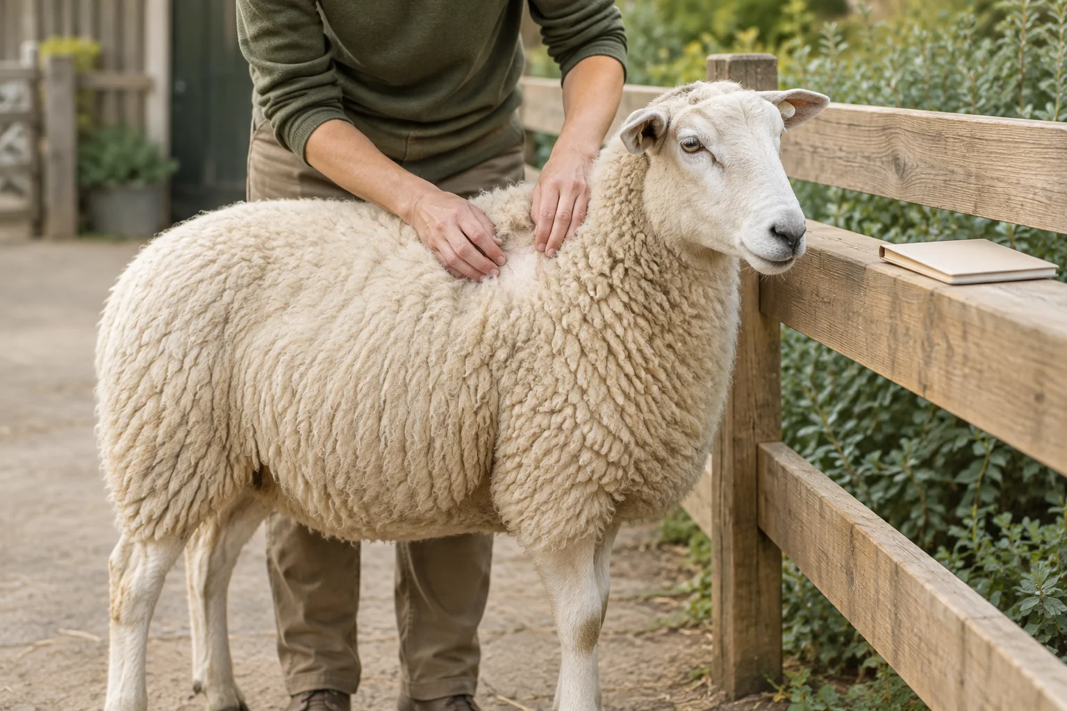 Une personne chargée des soins écarte la laine au niveau de l’épaule d’un mouton calme. À côté du mouton, un carnet fermé repose sur une clôture en bois.
