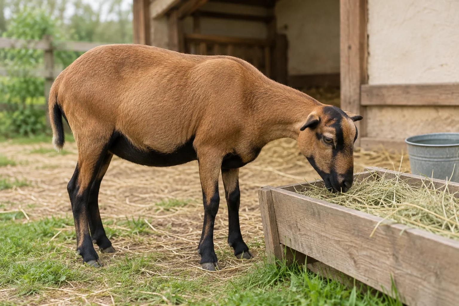 Un mouton brun à la tête, au ventre et aux pattes foncés se tient près d’une mangeoire en bois remplie de foin. Un seau d’eau se trouve derrière la mangeoire.