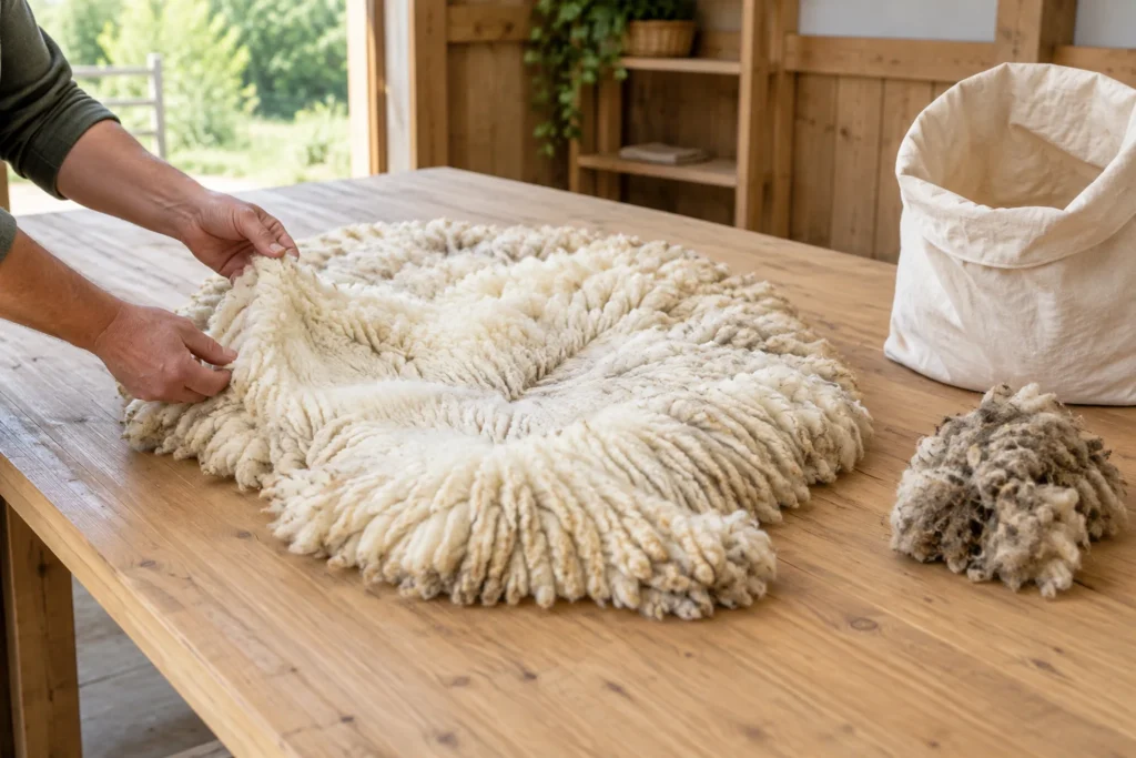 Des mains examinent une toison de mouton claire sur une table en bois. À côté se trouvent une touffe de laine foncée et un sac en tissu ouvert.