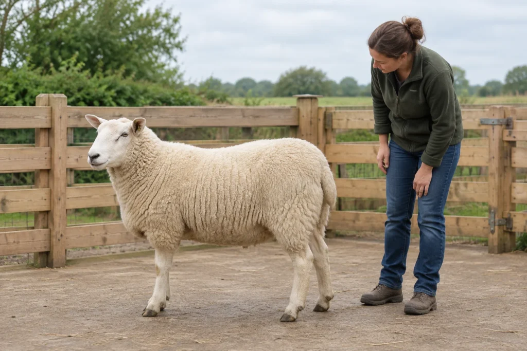 Une femme regarde un mouton blanc dans un enclos en bois.