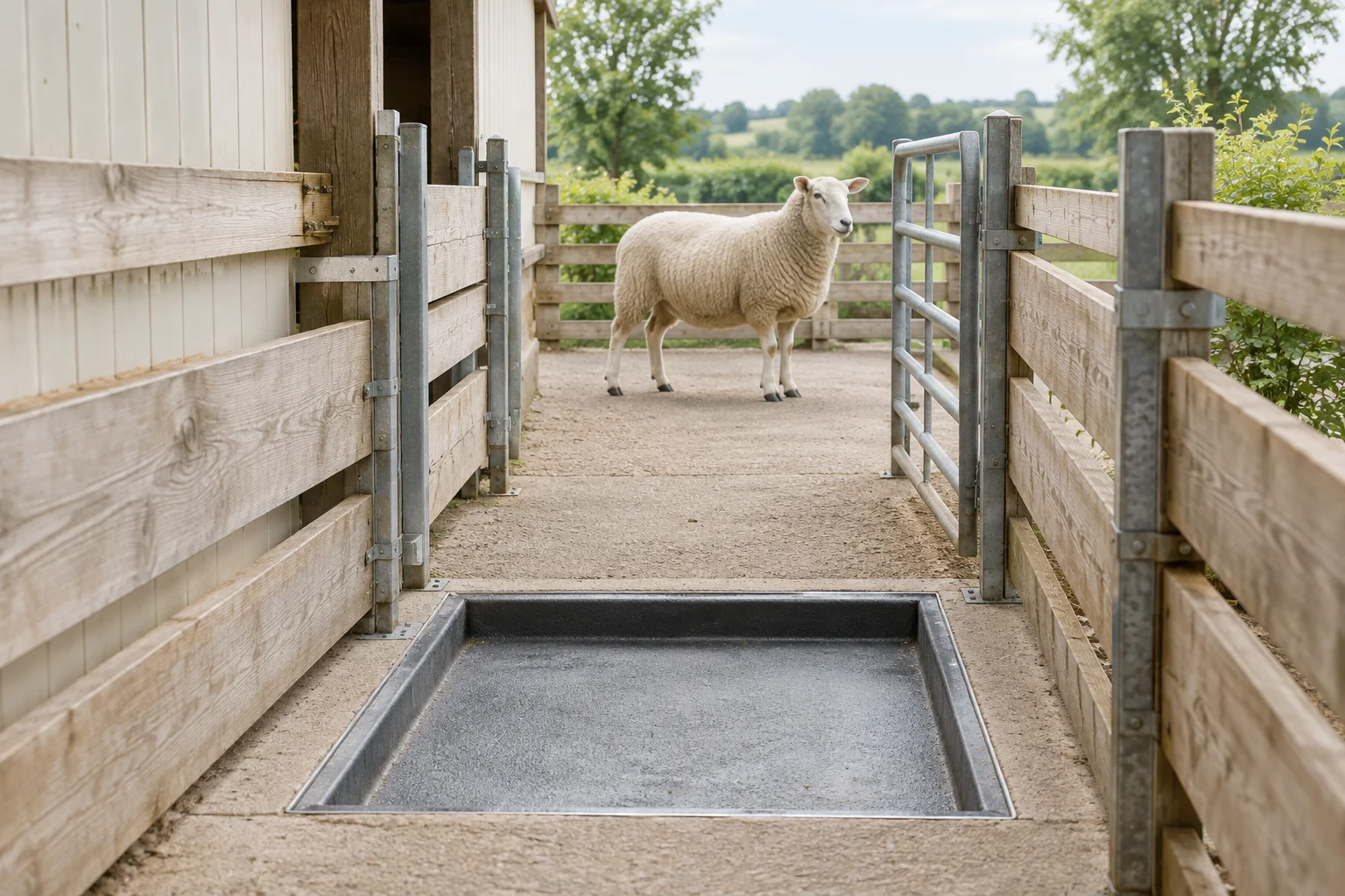 Un pédiluve vide se trouve dans un couloir de passage clôturé. Derrière une barrière ouverte, un mouton blanc se tient sur un sol sec.