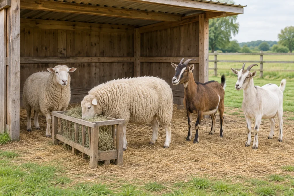 Deux moutons et deux chèvres près d’un râtelier à foin bas, à côté d’un abri ouvert en bois.