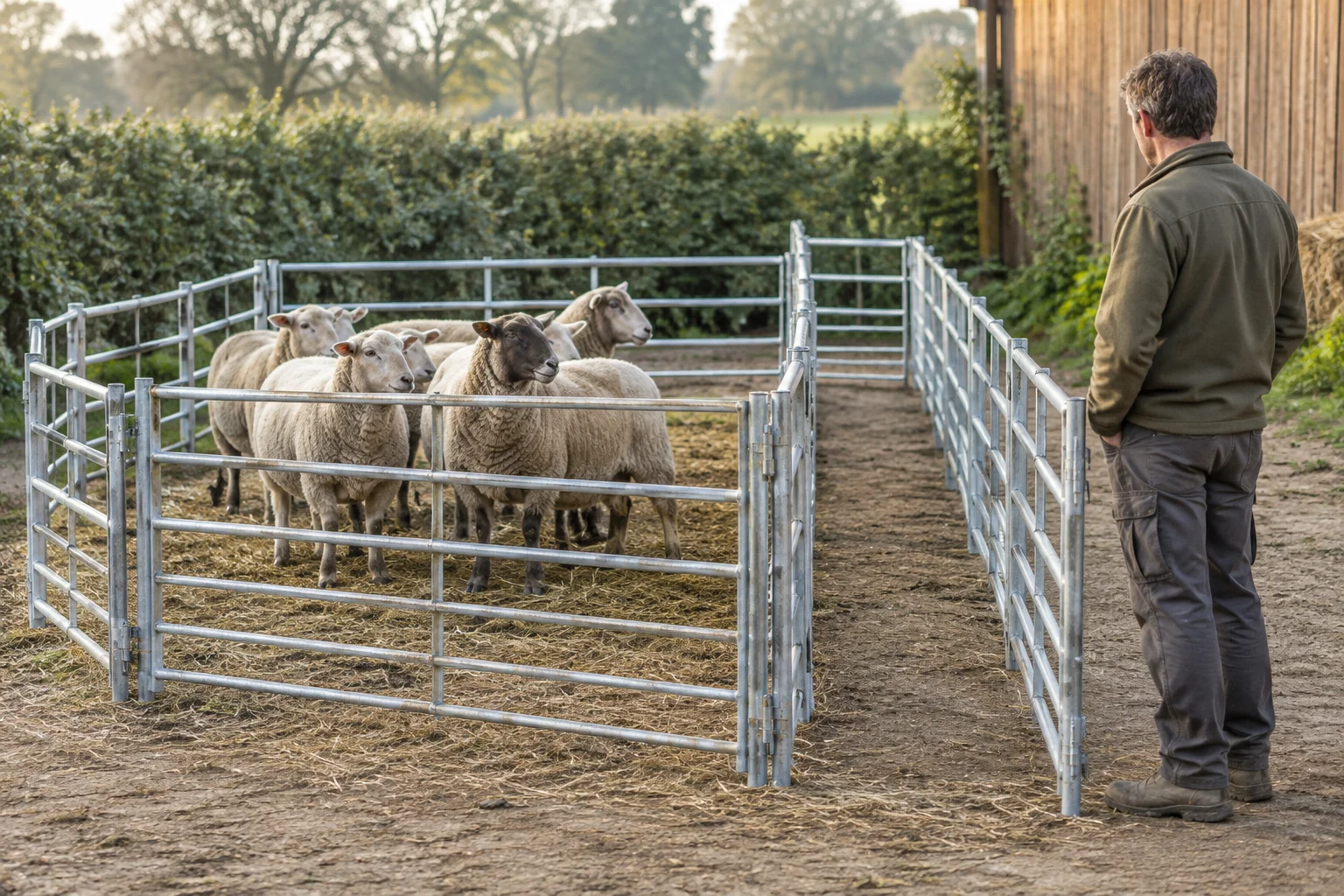 Un groupe de moutons se tient entre des panneaux métalliques dans une cour de ferme. Un passage vide longe l’enclos ; une personne se tient à l’extérieur des panneaux.