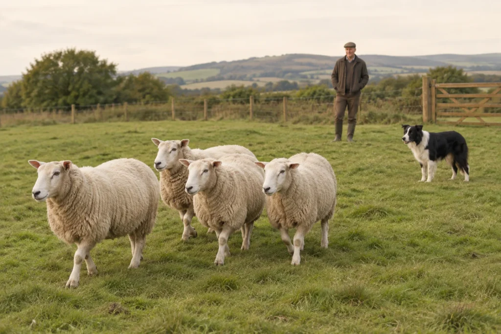 Quatre moutons blancs traversent une prairie, avec un chien noir et blanc à distance derrière eux et une personne près d’une clôture en bois.
