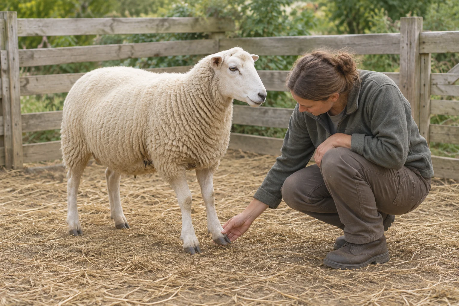 Un mouton se tient dans un enclos couvert de paille tandis que son gardien, accroupi, examine un onglon avant.