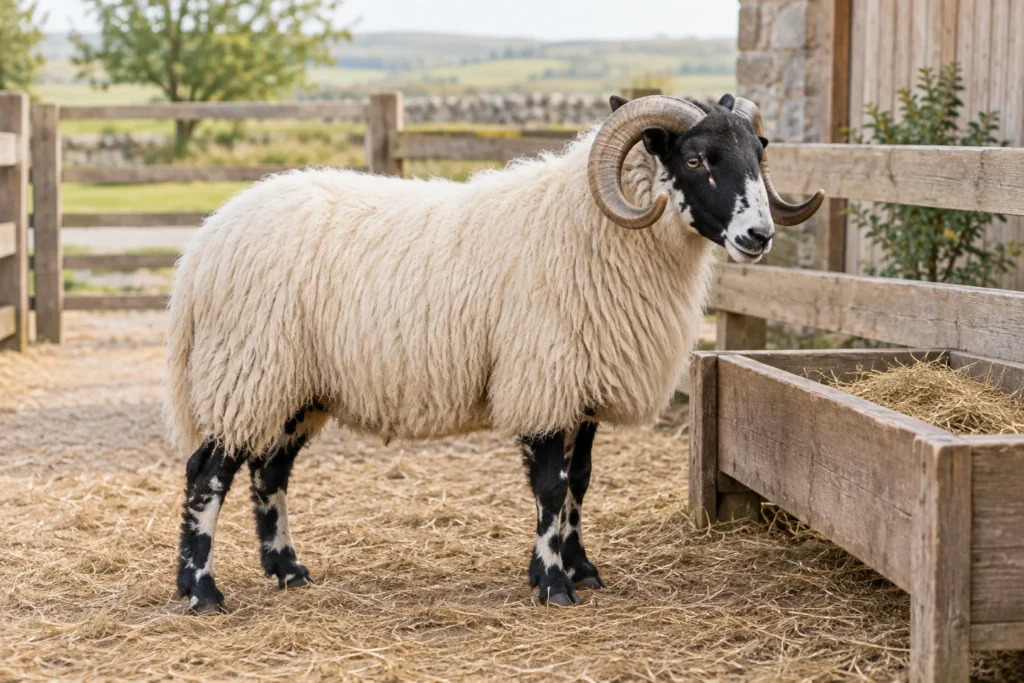 Un mouton à la toison blanche, au visage noir et aux cornes recourbées se tient sur de la paille à côté d’une mangeoire en bois remplie de foin.