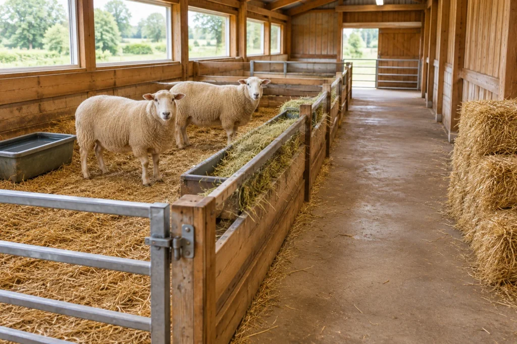 Deux moutons se tiennent sur de la paille dans une bergerie, à côté d’un râtelier à foin et d’un bac à eau. Une allée dégagée longe l’enclos.