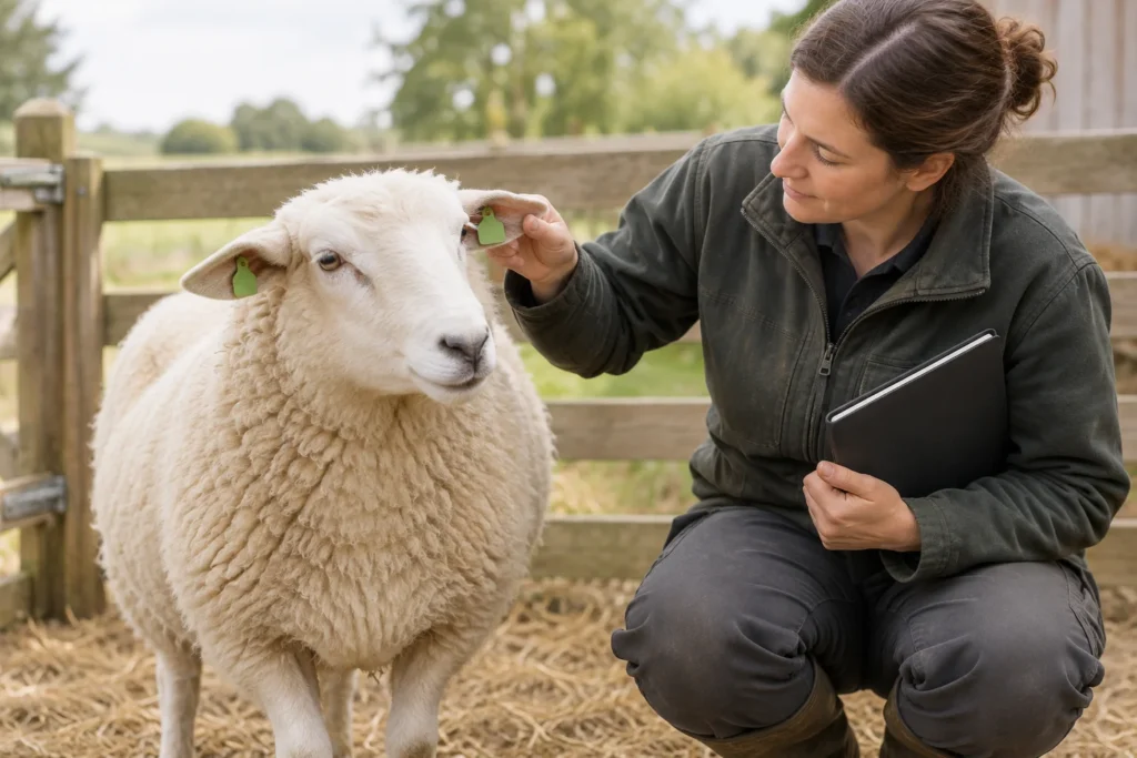 Une femme vérifie une marque auriculaire verte sur un mouton blanc près d’une clôture en bois.