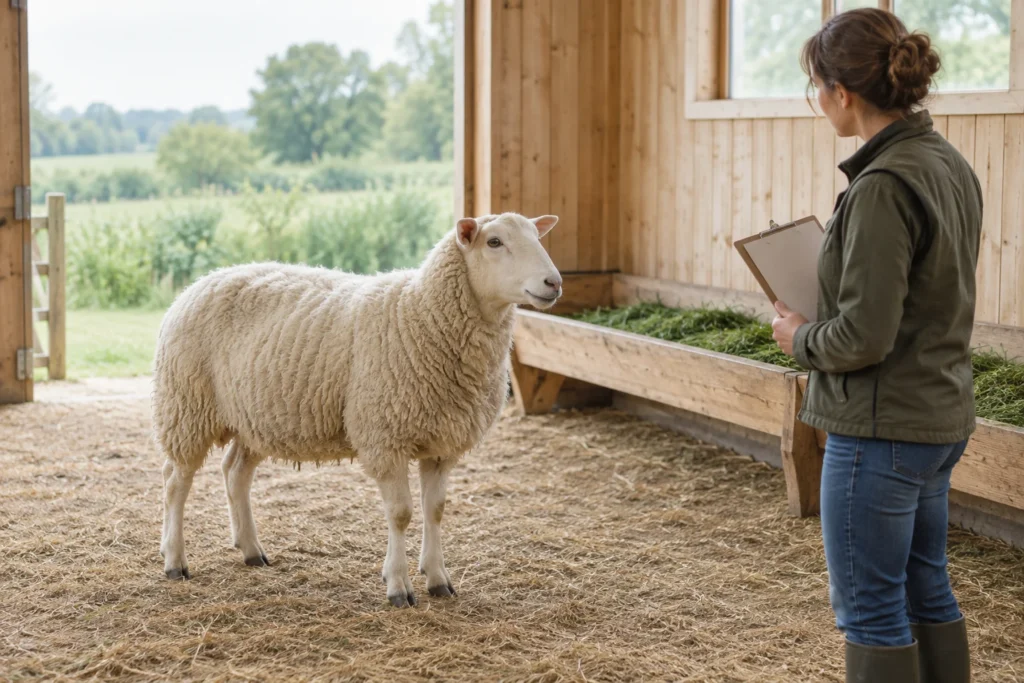 Un mouton blanc et laineux se tient dans une bergerie à côté d’une mangeoire, tandis qu’un éleveur l’observe avec un porte documents vide.