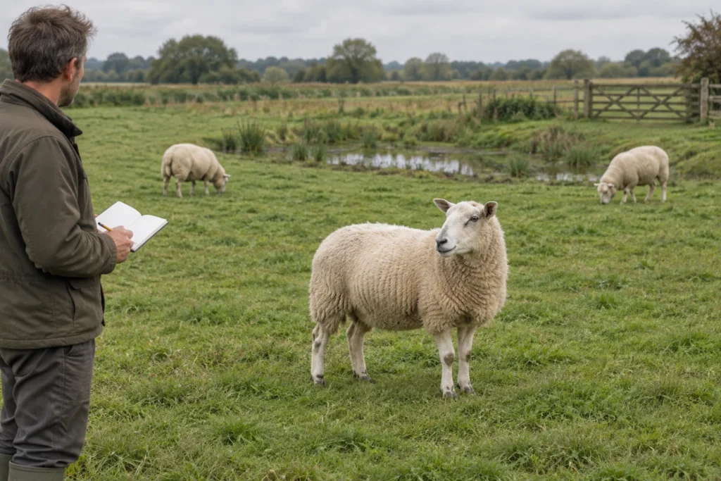 Un mouton se tient dans une pâture tandis qu’un éleveur, carnet ouvert en main, observe le troupeau et une zone humide dans le pré.