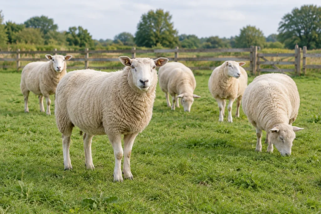 Cinq moutons dans une prairie verte clôturée, dont un au premier plan.