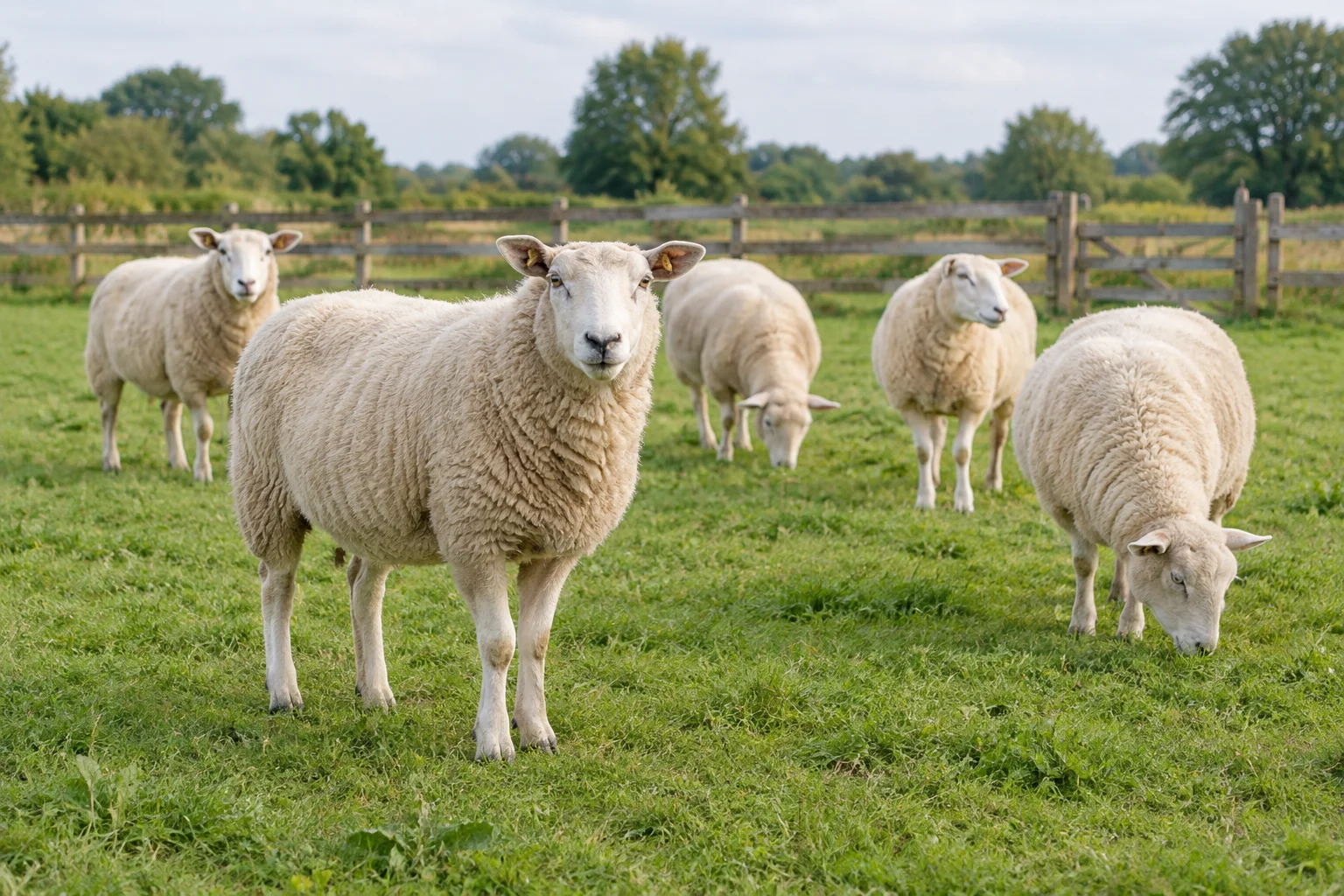 Cinq moutons dans une prairie verte clôturée, dont un au premier plan.