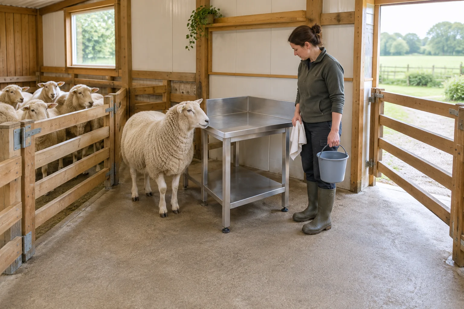 Illustration d’une femme avec un seau et un chiffon à côté d’une table de travail dans une bergerie. Un mouton se tient près de la table et d’autres moutons se trouvent derrière une barrière.