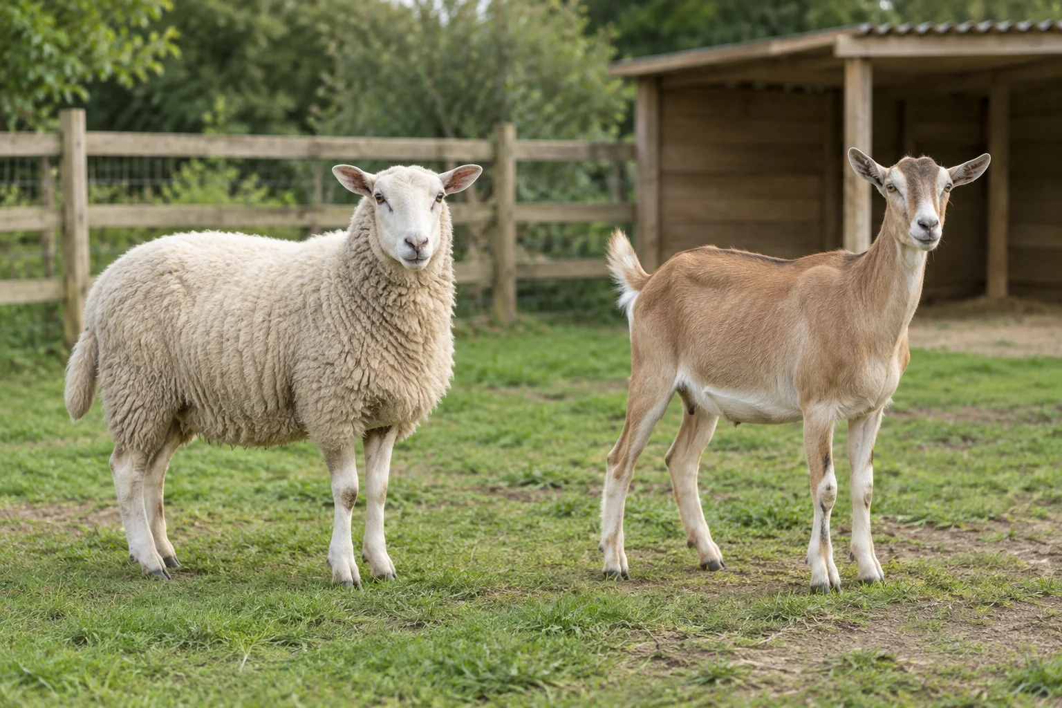Un mouton blanc et une chèvre brune se tiennent côte à côte dans l’herbe, avec une clôture en bois et un abri au fond de l’image.