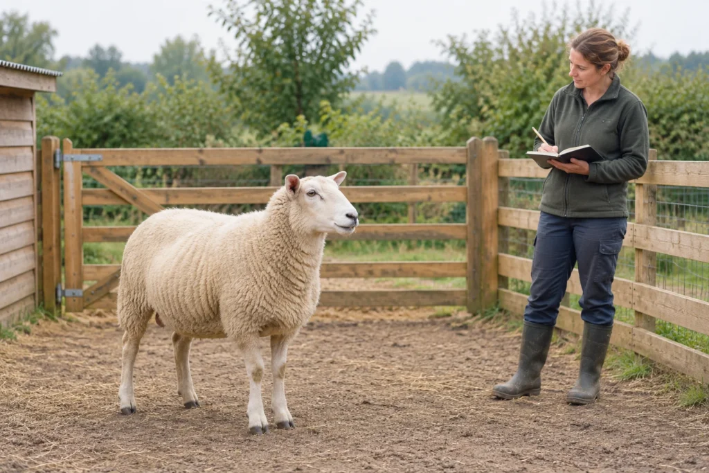 Un mouton se tient dans un enclos en bois tandis qu’une femme écrit dans un carnet à côté de lui.