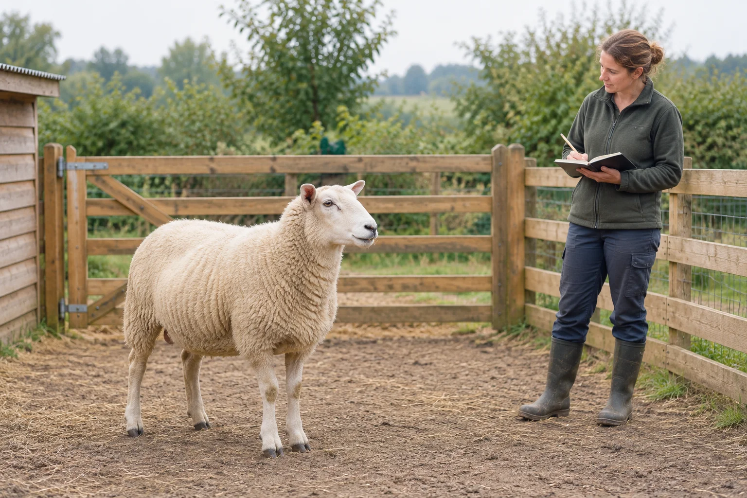 Un mouton se tient dans un enclos en bois tandis qu’une femme écrit dans un carnet à côté de lui.