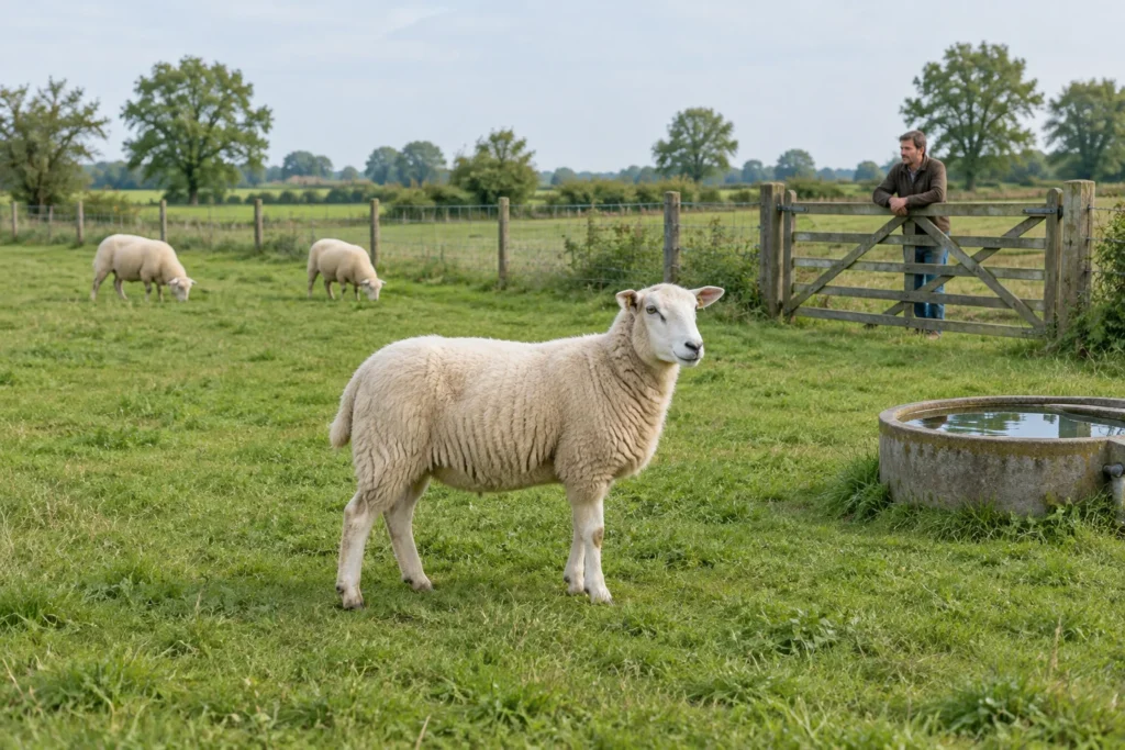 Un mouton se tient dans un pâturage herbeux près d’un abreuvoir. Plus loin, deux moutons broutent et une personne se tient près d’une clôture en bois.