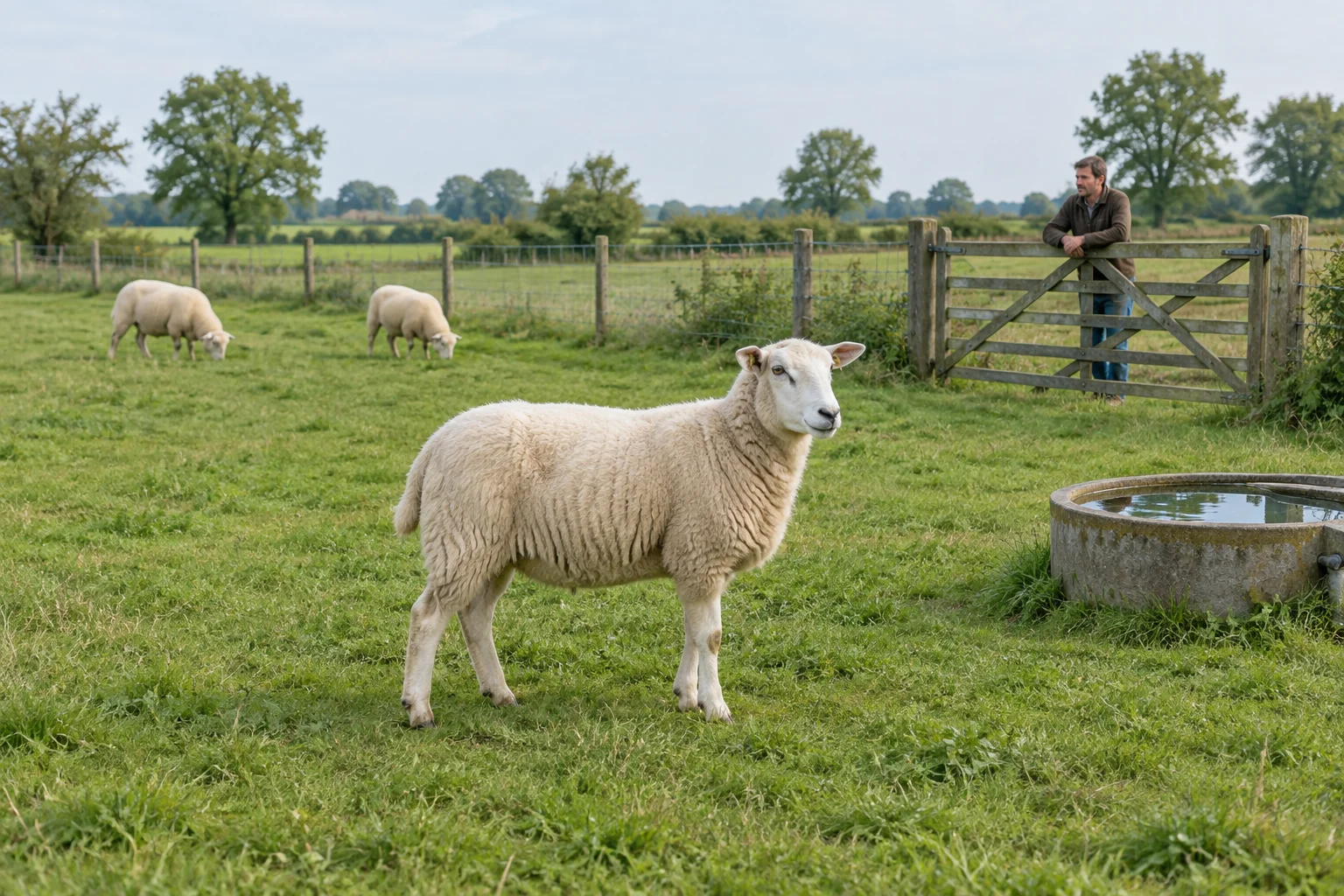 Un mouton se tient dans un pâturage herbeux près d’un abreuvoir. Plus loin, deux moutons broutent et une personne se tient près d’une clôture en bois.