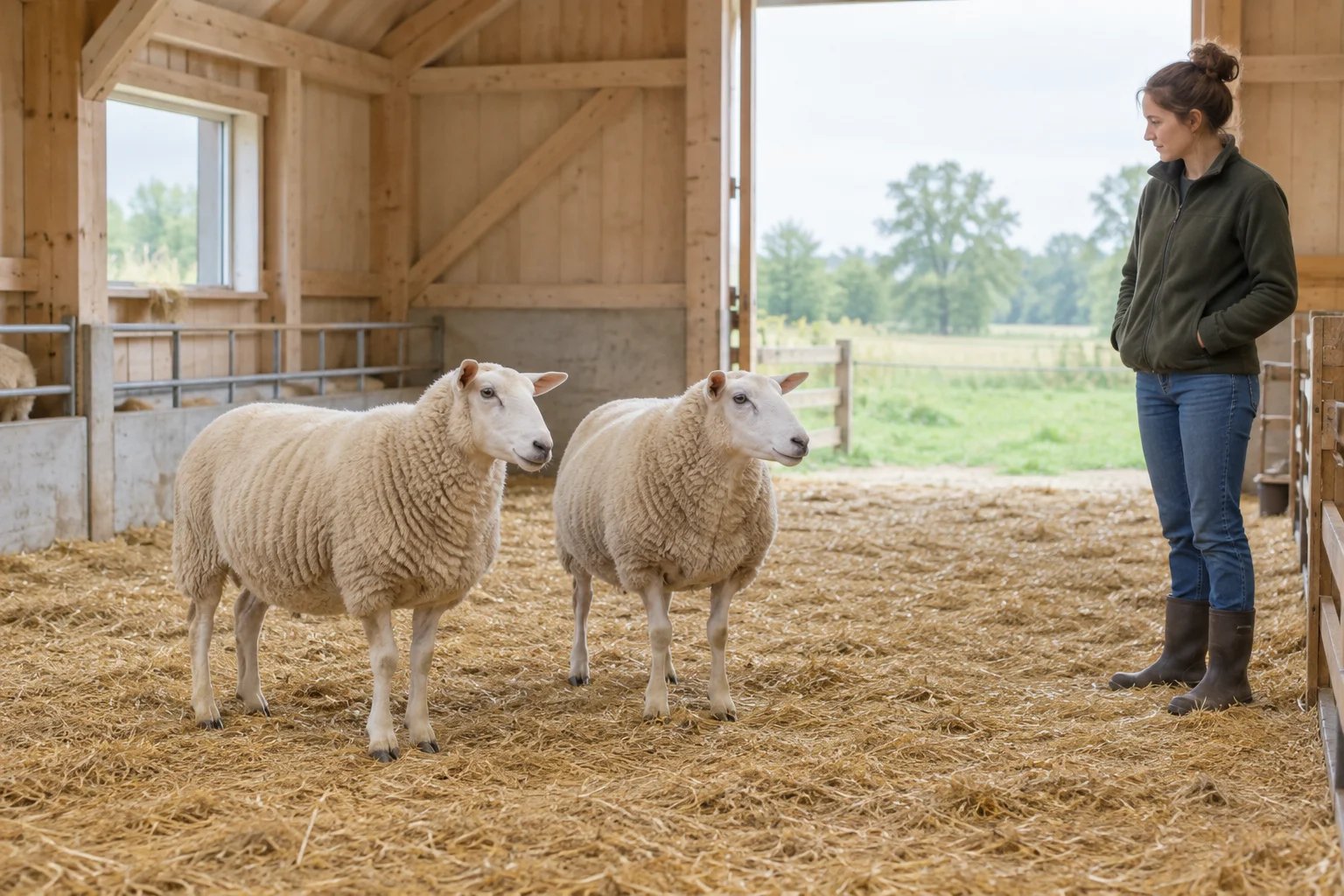 Deux moutons se tiennent sur de la paille dans une bergerie tandis qu’une femme les regarde.
