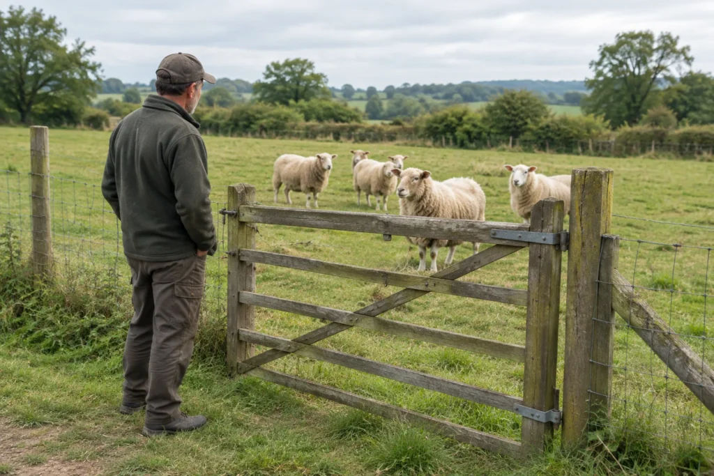 Une personne se tient près d’un portail en bois fermé et regarde des moutons dans une pâture clôturée.
