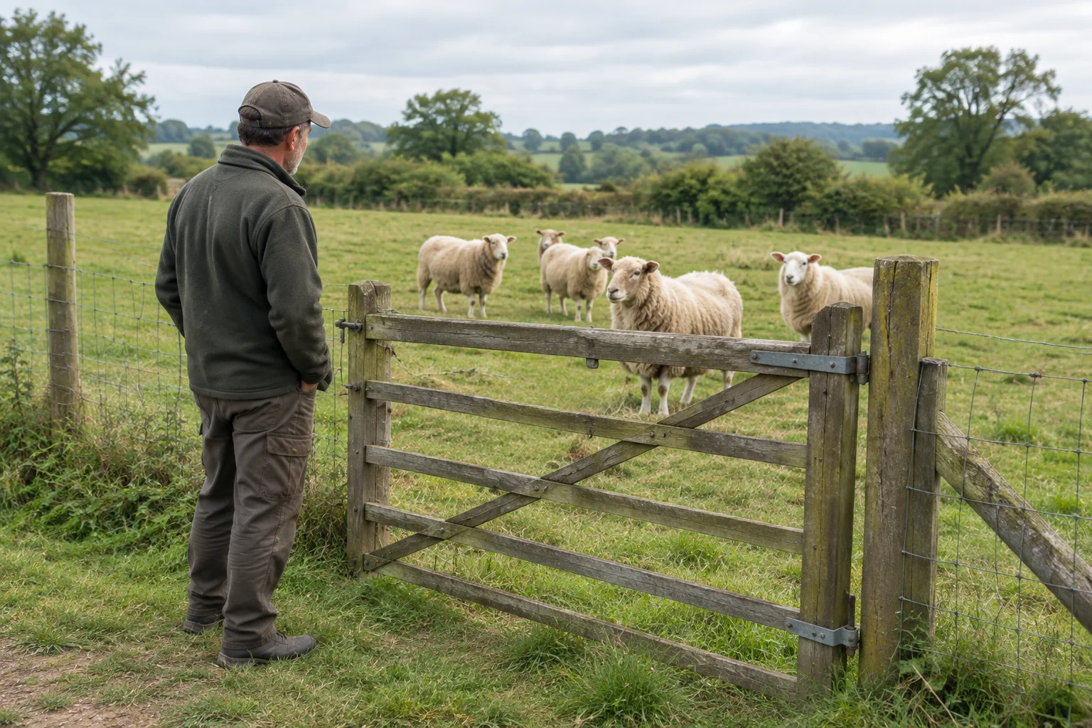 Une personne se tient près d’un portail en bois fermé et regarde des moutons dans une pâture clôturée.