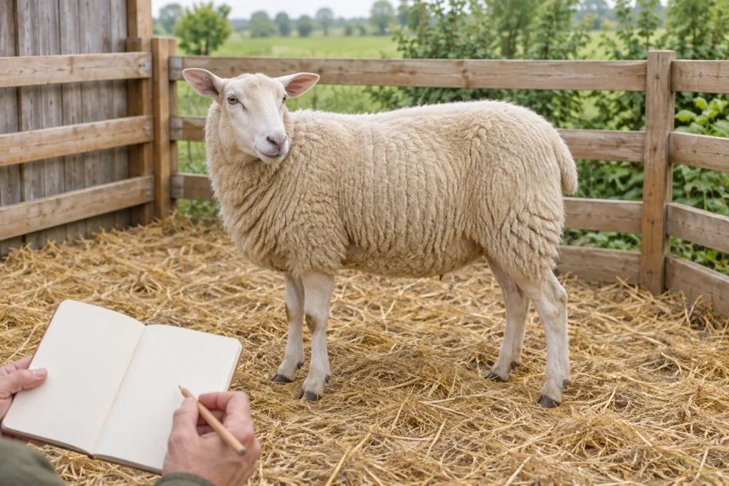 Un mouton à la laine claire se tient sur de la paille dans un enclos en bois. Au premier plan, une personne tient un carnet vierge et un crayon.