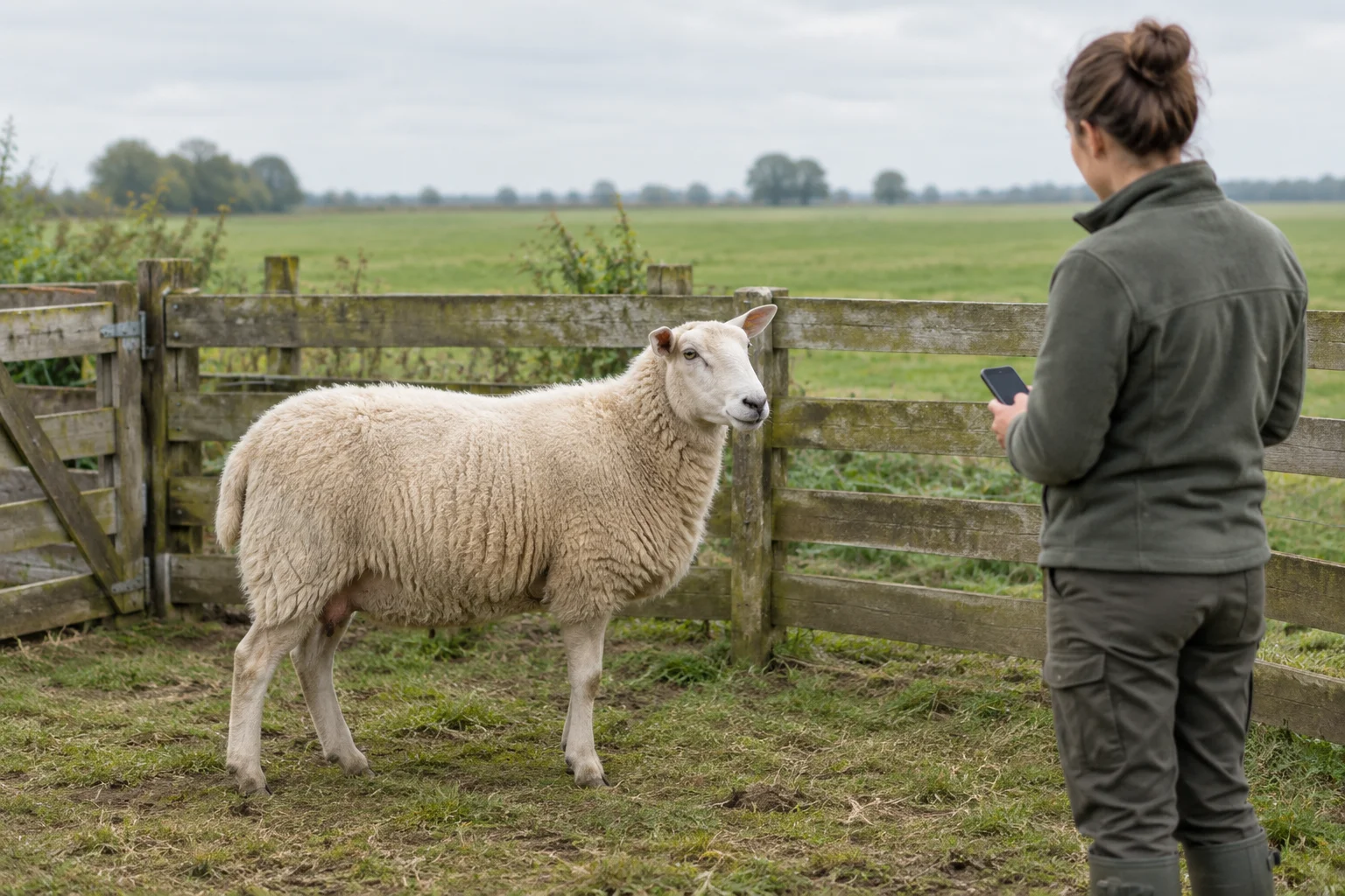 Un mouton laineux se tient dans un enclos en bois tandis qu’une femme, à quelque distance, le regarde avec un téléphone à la main.