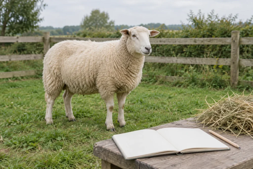 Mouton blanc dans un pré herbeux près d’une clôture en bois ; au premier plan, un carnet vierge, un crayon et du foin sur une table en bois.