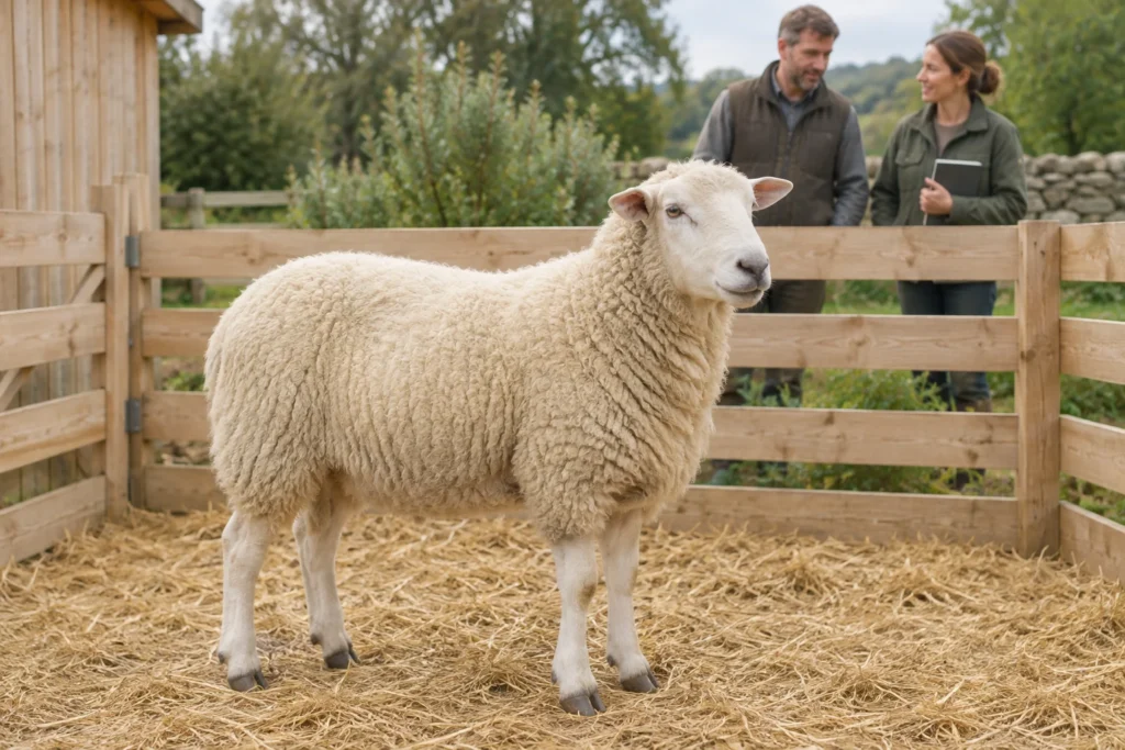 Un mouton blanc se tient sur de la paille dans un enclos en bois. Deux personnes discutent derrière la clôture.