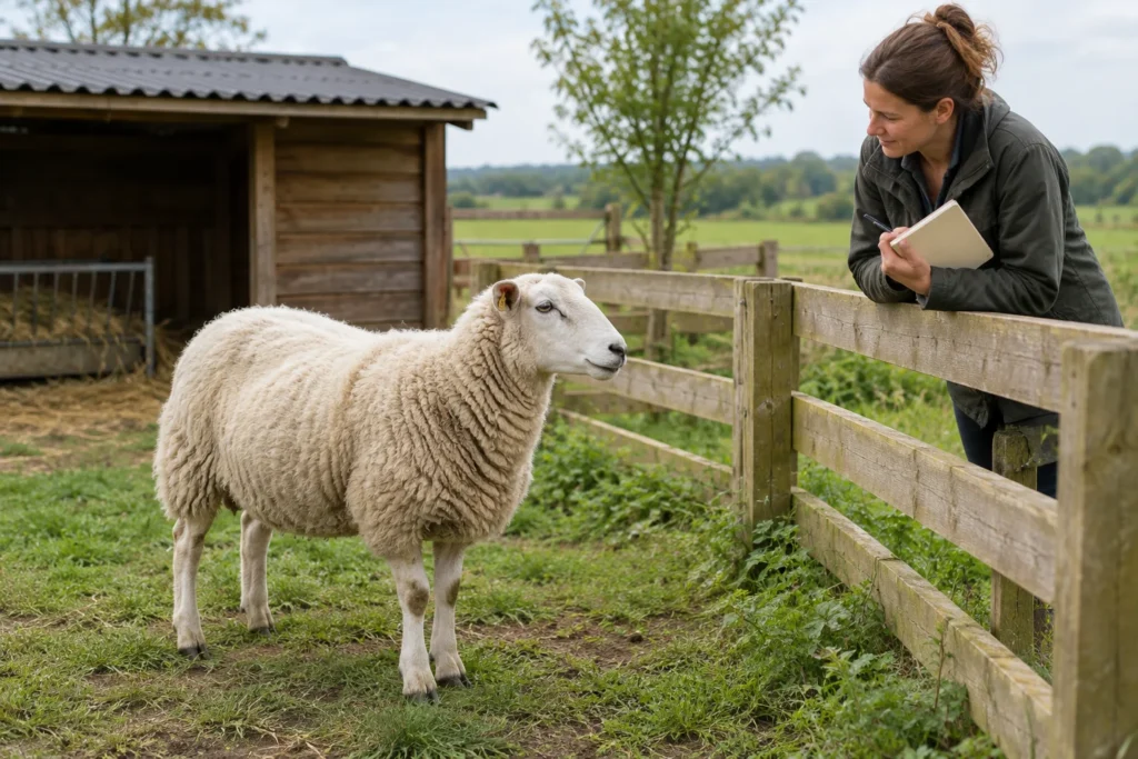 Un mouton portant une boucle d’oreille se tient près d’une clôture en bois. Une femme regarde le mouton et tient un carnet et un stylo.
