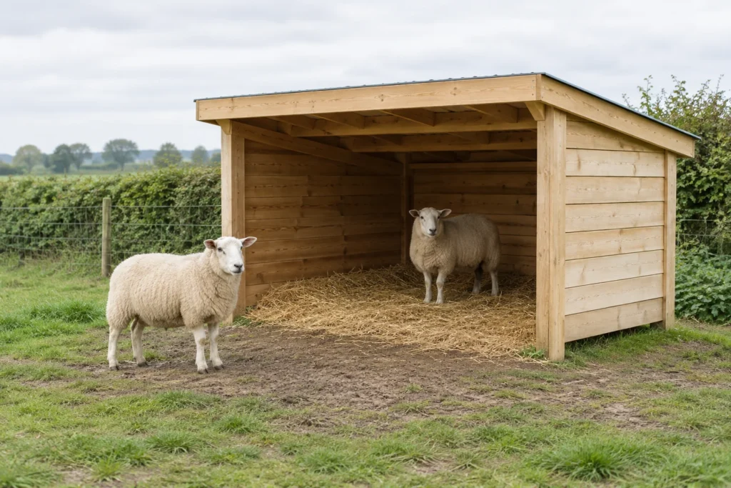 Deux moutons près d’un abri ouvert en bois, avec de la paille au sol ; l’un se tient à l’intérieur et l’autre à l’extérieur.