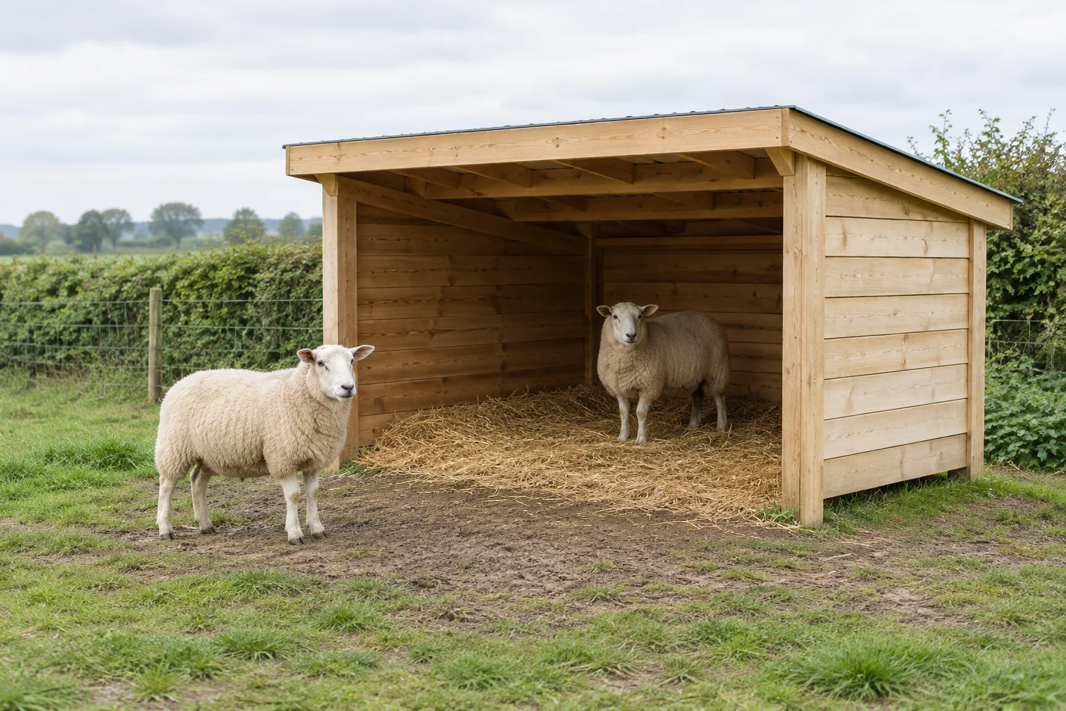 Deux moutons près d’un abri ouvert en bois, avec de la paille au sol ; l’un se tient à l’intérieur et l’autre à l’extérieur.