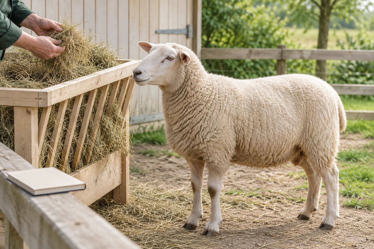 Un mouton blanc se tient près d’un râtelier en bois rempli de foin. Des mains tiennent une poignée de foin ; un carnet fermé se trouve au premier plan.