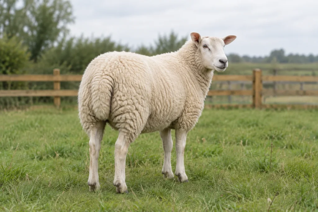 Illustration d’un mouton blanc à la queue couverte de laine dans une prairie clôturée.